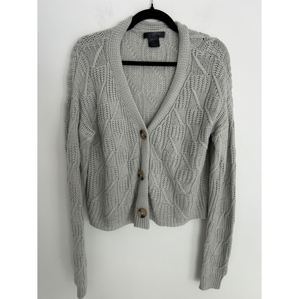 Love & Whimsy Gray Cable Knit Cardigan Sweater XL Cropped V-Neck Button Front